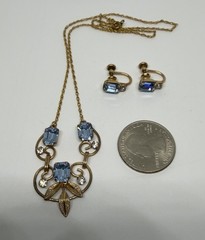 Vintage MCM Van Dell Gold Filled Blue Rectangle Crystal Necklace & Earrings Set
