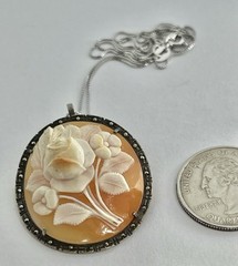 Vintage Carved Shell Rose Cameo Pin Brooch Pendant High Relief 800 Silver Frame