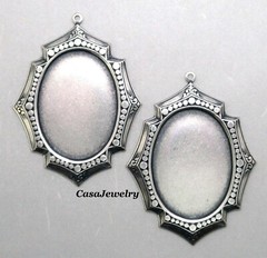 #4163 ANTIQUED STERLING SILVER PLATED 32x24mm BEZEL W/TOP HANG RING – 2 Pc Lot