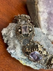 Antique Austro-Hungarian 800 Silver Filigree Amethyst Panel Bracelet – 38.56g 8”