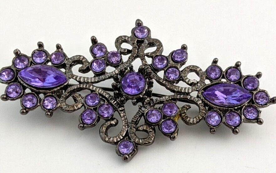 Regal Purple Glass Rhinestone Brooch Gun Metal Grey Sparkles 9616