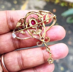 3Ct Oval Lab Created Red Ruby Antique Brooch Pin 14K Yellow Gold Plated Silver