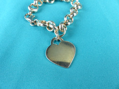 Vtg Sterling Silver Heart Tag Charm Rolo Chain Link Bracelet Italy Tiffany Style