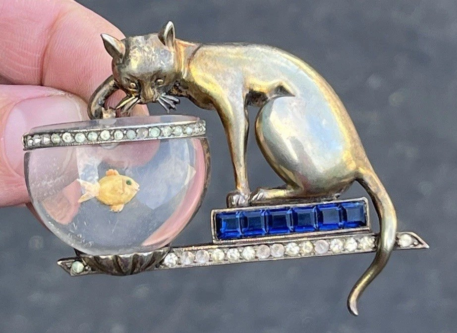 1940s Anthony Aquilino Sterling Silver Cat Fishing Fish Bowl Jelly Belly Brooch