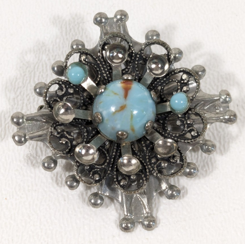 Damaged!! VTG Silver Tone Faux Turquoise Cabochon Round Pendant Brooch Pin 1.25″
