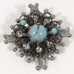 Damaged!! VTG Silver Tone Faux Turquoise Cabochon Round Pendant Brooch Pin 1.25″