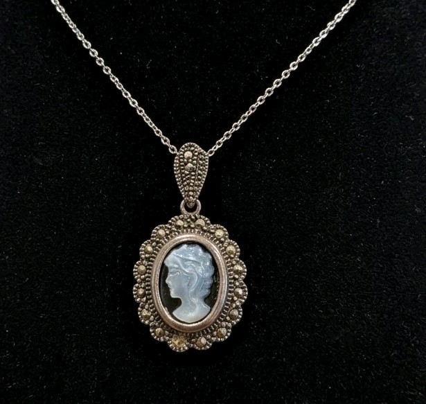 Vintage HAN Sterling Silver Marcasite Blue Mother of Pearl Cameo Necklace
