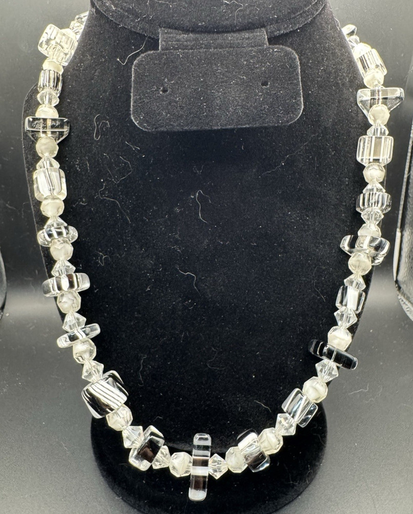 Art Deco Style Glass Bead Necklace Clear & Black & White Stripe 21”