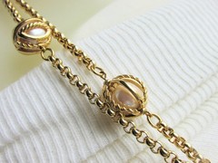 62″ Gold Plate Rolo Chain Double Strand Necklace w/ Caged Pearls