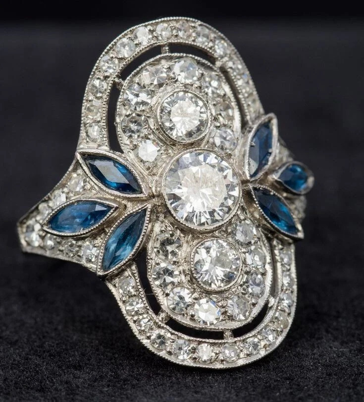 Art Deco Marquise Cut Lab Created Sapphire & Diamond 925 Silver Engagement Ring