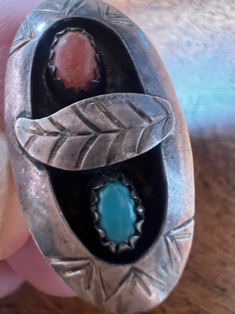 Nice NAVAJO STERLING SILVER TURQUOISE CORAL RING OLD PAWN SIZE 5.5