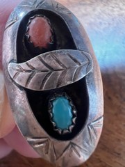 Nice NAVAJO STERLING SILVER TURQUOISE CORAL RING OLD PAWN SIZE 5.5