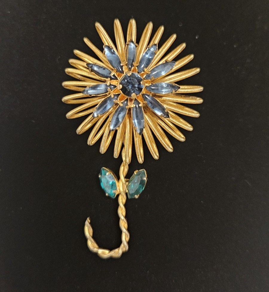 Signed Weiss Rhinestone Flower Brooch Blue Green Crystal Gold Tone Vintage