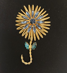 Signed Weiss Rhinestone Flower Brooch Blue Green Crystal Gold Tone Vintage