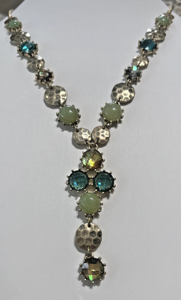 VTG Lonna & Lilly Statement Beaded Glass Necklace Gold Green Blue Y Drop Beauty