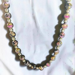 Vintage Marbled Lucite Bead Necklace Black Gold Pink Silver 24″ Mid Century