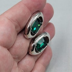 Vintage Swank Mens Cufflinks Green Rhinestone Silver tone Oval 1″