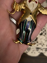 Vintage Green Blue Red White Enamel Gold Tone CLOWN With UMBRELLA Brooch Pin