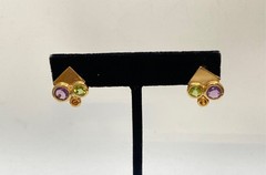 Vintage 14K Yellow Gold Amethyst Peridot Citrine Geometric Post Earrings 5/8″