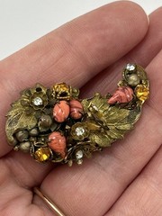 DeMario NY Vintage Clip Earrings Coral Glass Rhinestone Gold Tone Filigree 1950s