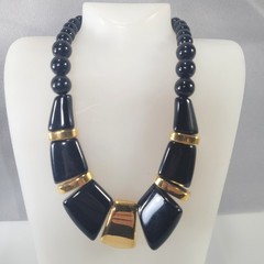 Napier Vintage Black Gold Tone Necklace Geometric Statement Collar MCM Modern