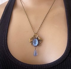 Vintage Necklace Art Nouveau Orchid Pendant Blue Rhinestone Czech Glass Drop