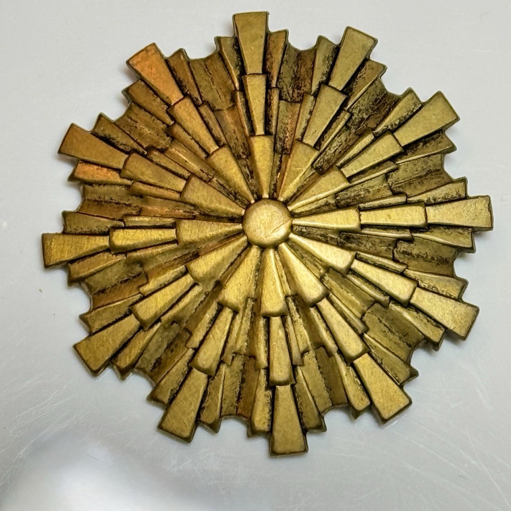 Vintage Deco Revival Brass Sunburst Brooch 1940s 1950s Geometric Pin