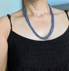 Natural Nepal Glass Seed Bead Multi Strand Necklace. Iridescent Peacock Blue 22″