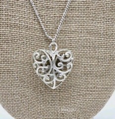 ETIENNE AIGNER Filigree Heart Pendant Necklace Silver tone 21 in LOVE Vtg