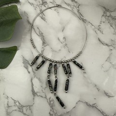 Vintage Y2k Silver Black Choker Necklace Floral Clay Beads Metal Ring Bib