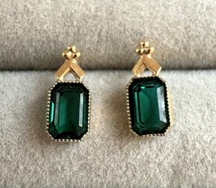 Vintage Dainty Rolled Yellow Gold Emerald Cut Green Pierced Post Earrings