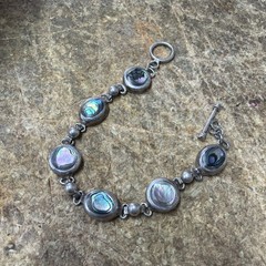 Vintage Rare Mexico 925 Sterling Silver Abolone Toggle Bracelet 30g