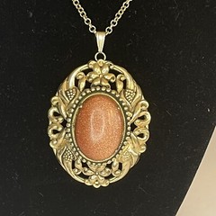 Vtg Lace Gold Stone Pendant Necklace Art Nouveau Textured Oval Chain Large Cameo