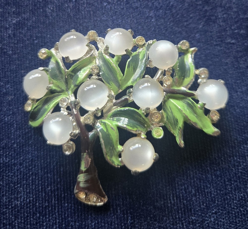 VTG Coro Verrecchio Brooch Pin Moonglow Cabochon Rhinestones Enamel Painted