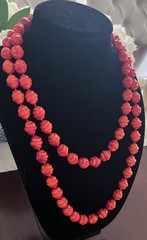 Vintage Orange Coral Red Resin Textured Beaded Extra Long 48” Knotted Necklace