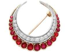 2.50Ct Ruby 0.80Ct Diamond 15k Yellow Gold Crescent Brooch Antique Circa 1890