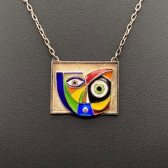 Vintage Modernist Anthony Quinn Enamel Sterling Silver Pendant Necklace 20″