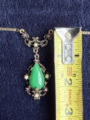 Vintage Art Nouveau Revival Green Cabochon Brass Costume Necklace