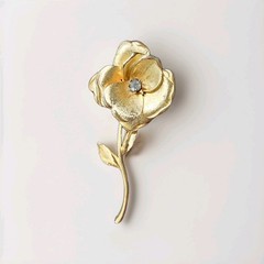 FRANCOIS Signed 4.25″ Brooch Gold Tone Rhinestone Long-Stem Flower Layered Vtg
