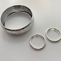 3pc VTG Brushed Silver Bangle 8” Silver Tone Push Clip On Hoop Earrings