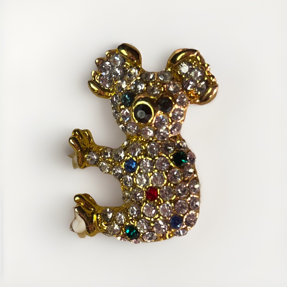 Gold Tone Koala Bear Pin Brooch Multi Color Rhinestones
