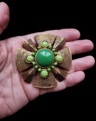 HUGE Vintage Green Lucite Textured Brutalist Medallion MCM Brooch
