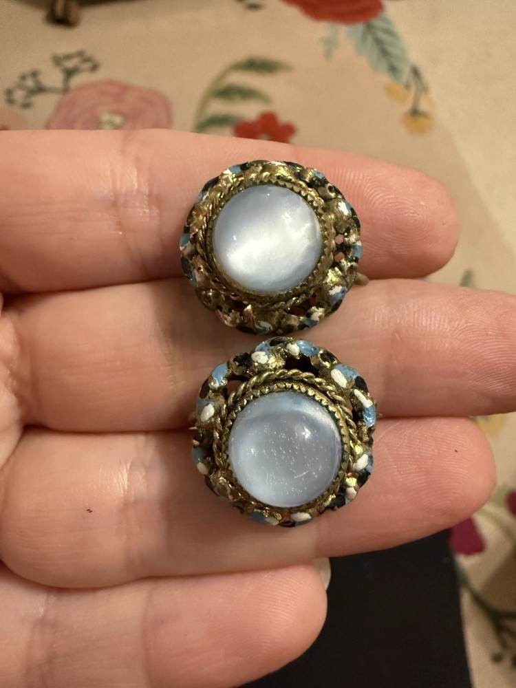 Vintage Czechoslovakia Enamel Filigree Screw Back Earrings Blue Cabochon Brass