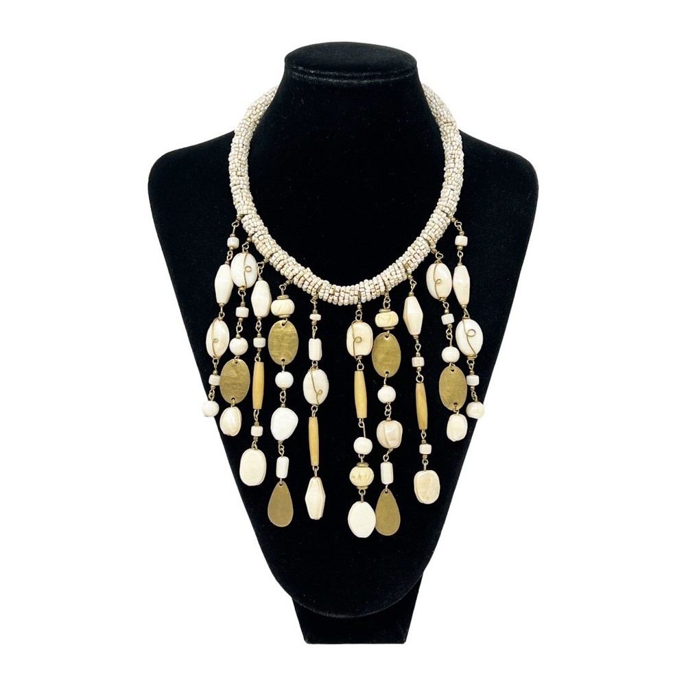 Vintage Bohemian Chic Seed, Glass Beads, Wood and Metal Bib Necklace