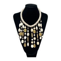 Vintage Bohemian Chic Seed, Glass Beads, Wood and Metal Bib Necklace