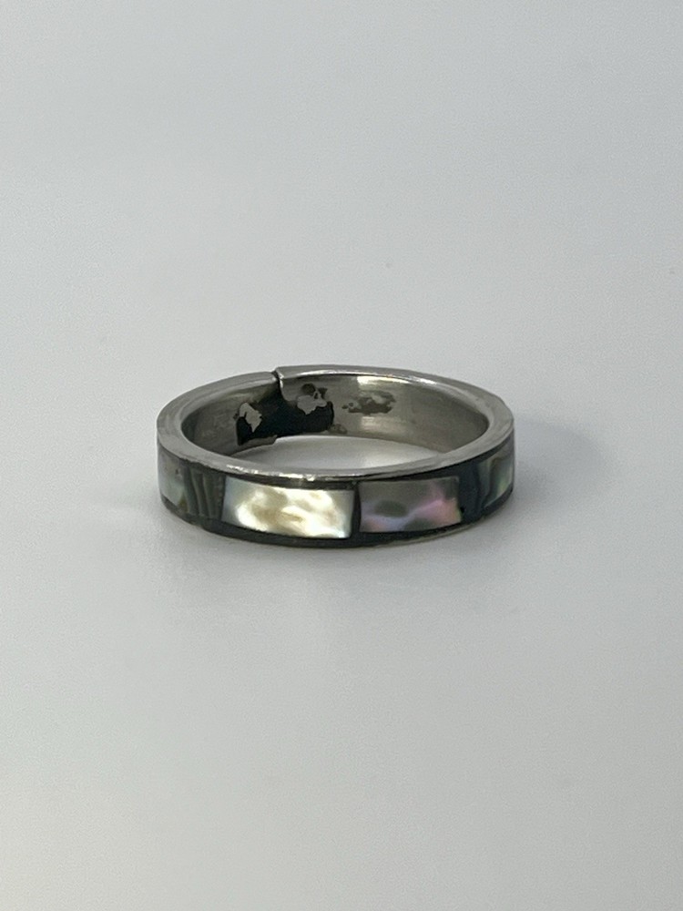 Vintage Stainless Steel 8mm Abalone Shell Inlay Wedding Band Ring 0.5” Wide