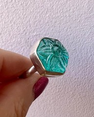 VINTAGE CARVED FLOWER AQUA BLUE GLASS RING 925 STERLING UNIQUE HEXAGON SHAPE