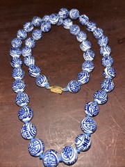 Vintage Chinese Blue & White Ceramic Beads Hand Knotted Longevity Necklace 26”