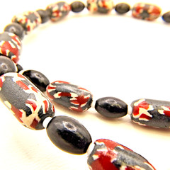 Vintage Barrel Bead Necklace Red Black White Abstract Tribal 22″ Matinee Length