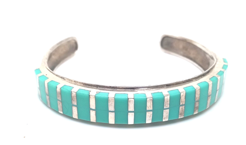 Vintage Sterling Silver Turquoise Southwest Style Channel Set Cuff Bracelet